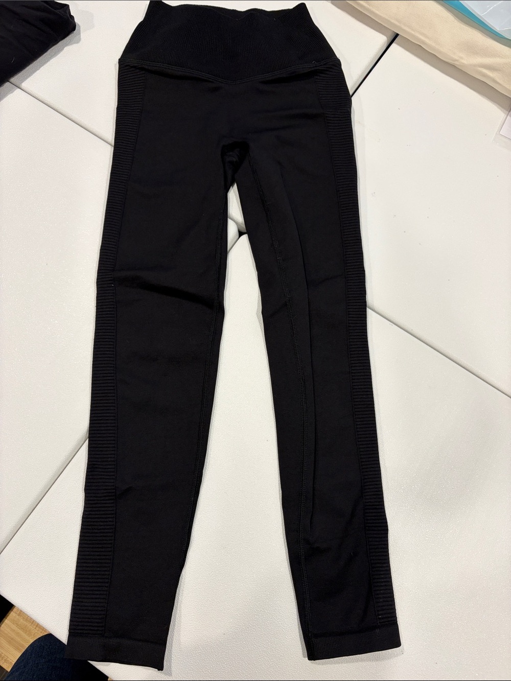 High-Rise Black Ribbed Side Leggings